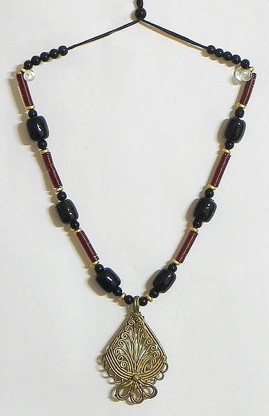 Beaded Tibetan Necklace with Dhokra Pendant 