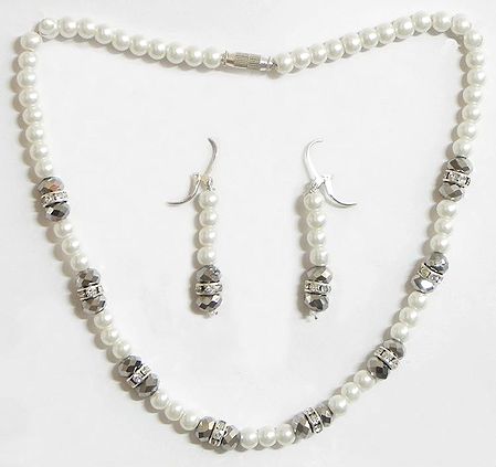 White Stone Studded Faux Pearl and Crystal Bead Necklace with Earrings