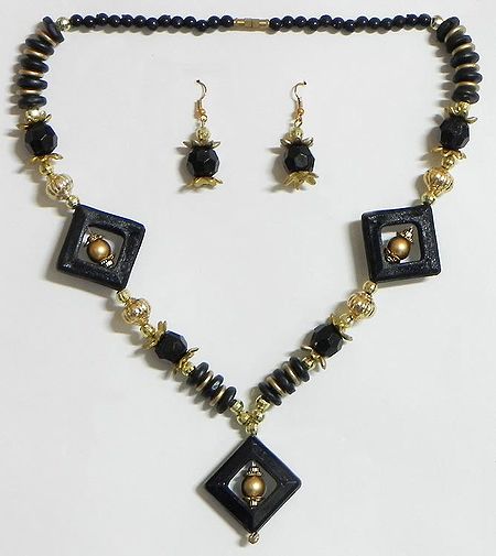 Black and Golden Bead Necklace with Earrings