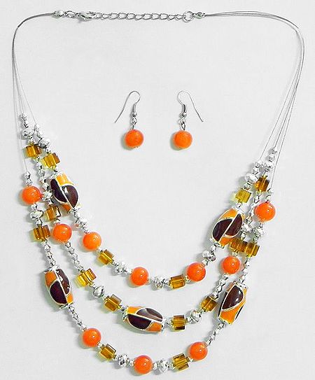 Three Layer Dark Saffron and Golden Yellow Bead Necklace with Earrings