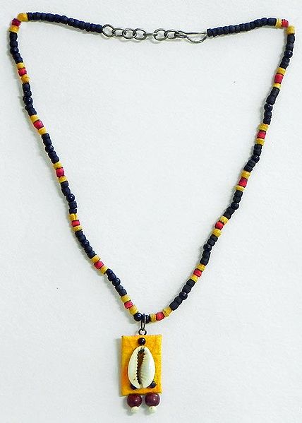 Red, Yellow and Black Wooden Bead Necklace with Cowrie Pendant