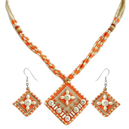 Saffron and White Bead Necklace with Pendant and Earrings