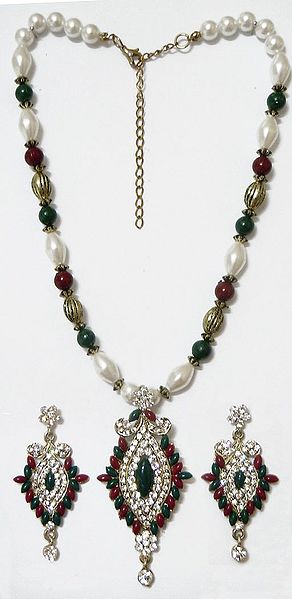 Maroon, Green and White Bead Necklace with White Stone Studded Pendant and Earrings