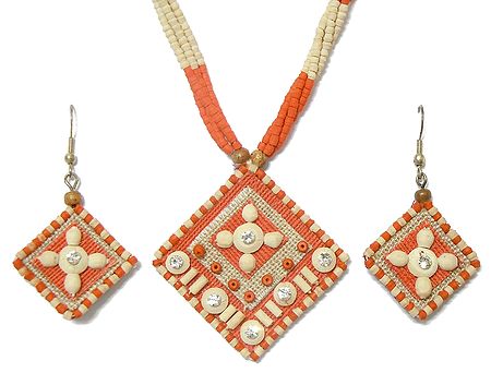 Saffron and Off-White Bead Necklace with Jute Pendant and Earrings