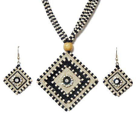 Black and Off-White Bead Necklace with Jute Pendant and Earrings