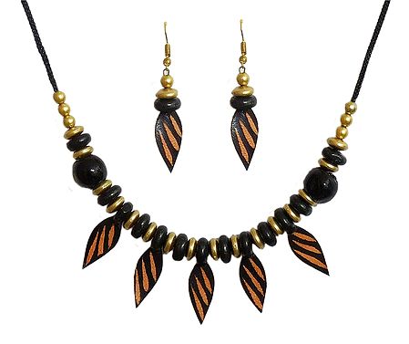 Black Wheel Bead Necklace with Leather Leaf and Earrings