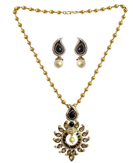 Gold Plated Bead Necklace with Earrings