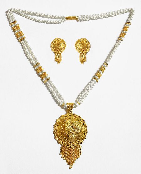 Bead Necklace with Gold Plated Pendant and Earrings