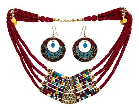 Red with Multicolor Stone Bead Tibetan Necklace and Earrings