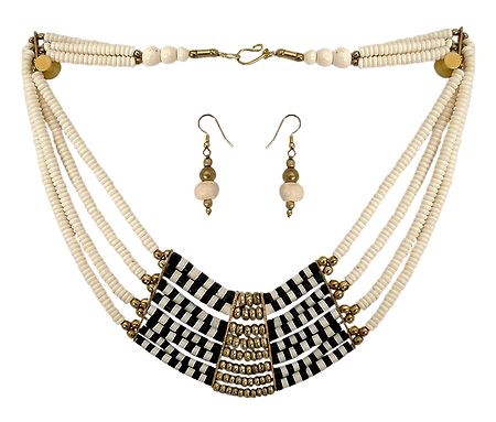 Off-White with Black Stone Bead Tibetan Necklace and Earrings