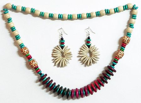 Natural Seeds with Wooden Wheel Bead Necklace and Earrings 