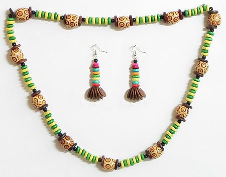 Yellow and Green Wooden Wheel Beads with Natural Seed Necklace and Earrings 