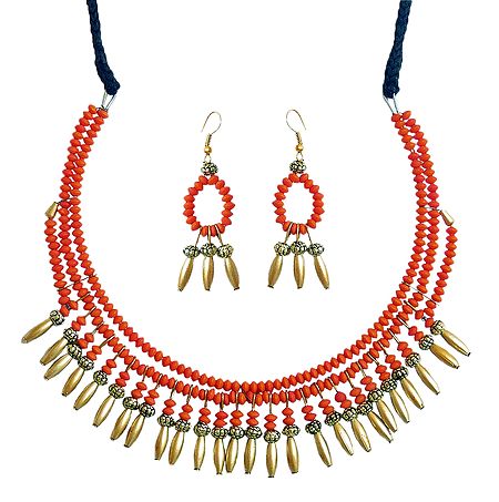 Saffron Bead Necklace with Earrings