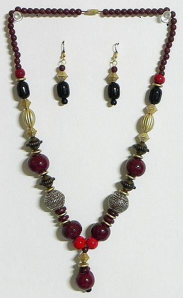 Maroon and Golden Bead Tibetan Necklace and Earrings