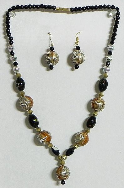 Chrome Yellow and Black Bead Tibetan Necklace and Earrings