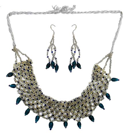 White and Dark Cyan Beaded Necklace and Earrings