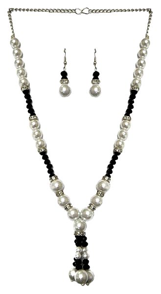 White and Black Bead Necklace with Earrings