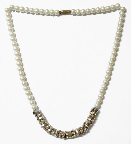 Faux Pearl, Crystal Bead and White Stone Studded Necklace with Earrings