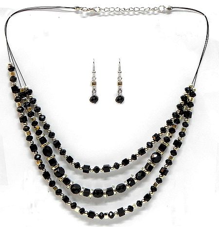 Black Crystal and Metal Beaded Three Layer Necklace with Earrings