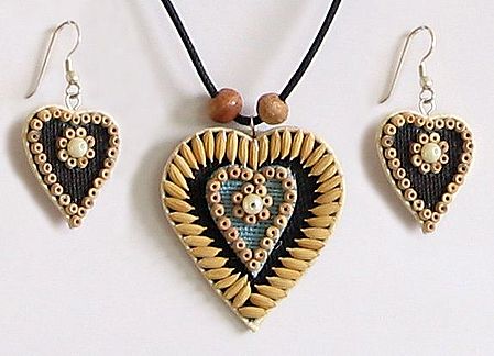 Black Corded Heart Pendant and Earrings Decorated with Off White Wooden Beads and Paddy Rice