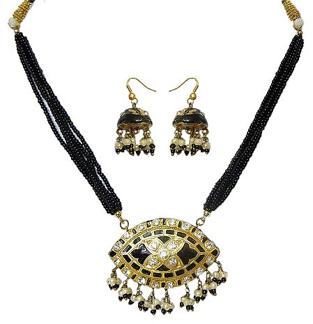 Black Bead Adjustable Necklace with Lac Meenakari Pendant and Earrings
