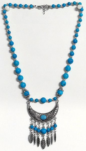 Blue Bead Necklace with Metal Pendant
