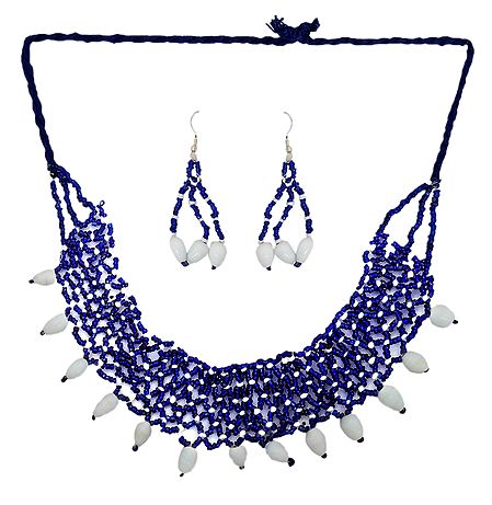 Blue and White Bead Necklace and Earrings