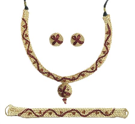 Beige with Maroon Braided Jute Necklace with Earrings and Bracelet