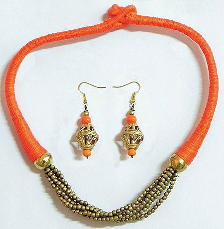 Golden Bead Necklace and Dhokra Earrings with Saffron Threaded Cord