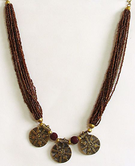 Bravery - Dark Rust Beads and Brass Plate Necklace