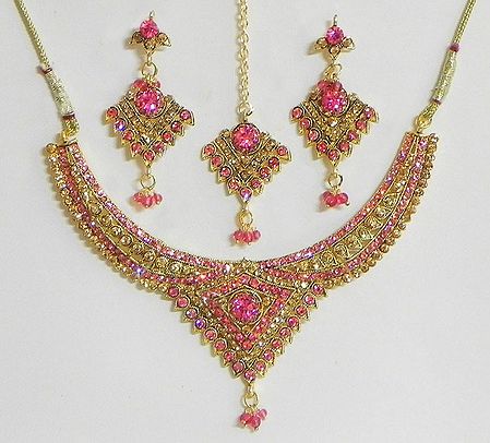 Dark Pink and Amber Yellow Stone Studded Necklace with Earrings and Maang Tikka
