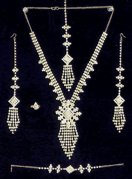 White Crystal Necklace Set with Bracelet, Mang Tika and Ring