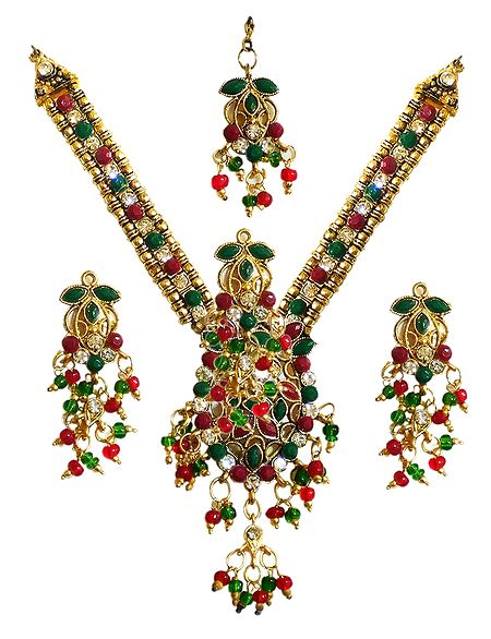 White, Maroon and Green Stone Studded Necklace Set with Mang Tika