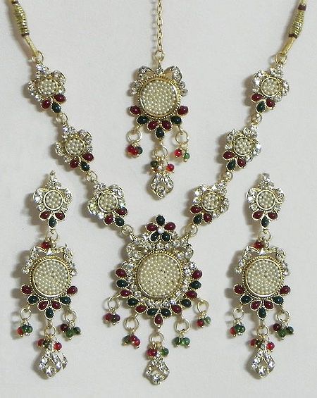 White, Maroon and Green Stone Studded Necklace with  Earrings and Mang Tika
