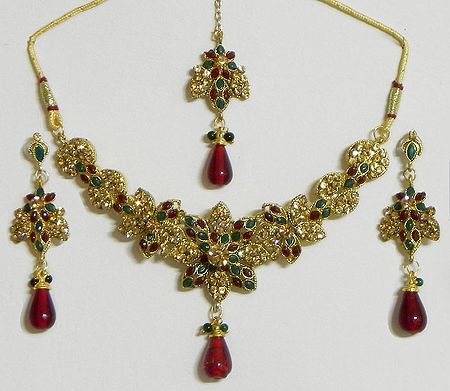 Maroon, Green and Amber Yellow Stone Studded Necklace with  Earrings and Mang Tika