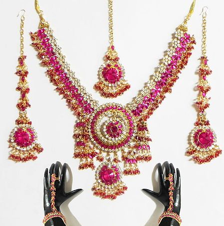 Faux Ruby and Cubic Zirconia Necklace Set with Ratan Chur and Mang Tika