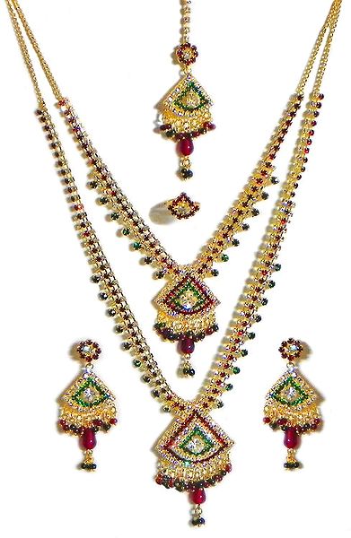 Faux Emerald, Garnet and Cubic Zirconia Necklace Set with Mang Tikka