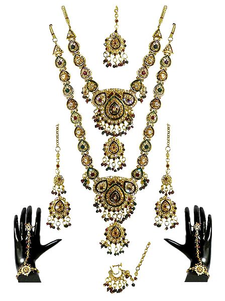 Faux Citrine, Cubic Zirconia Twin Necklace Set with Mang Tika and Ring Bracelet