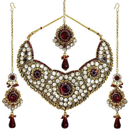 Faux Garnet and Cubic Zirconia Necklace Set with Mang Tika