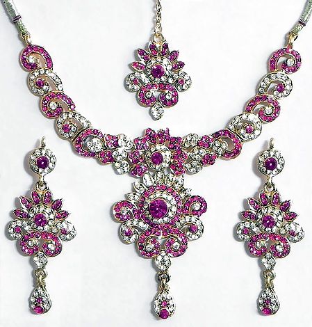 Faux Ruby with White Zirconia Studded Necklace Set with Mang Tika