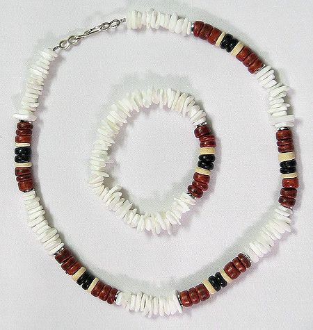 Brown,Black Wooden Bead and White Acrylic Bead Necklace and Bracelet