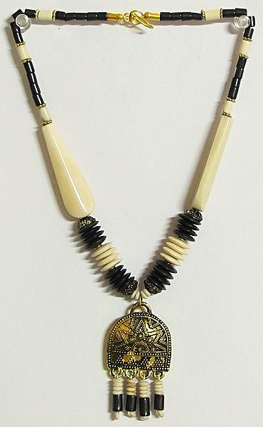 Black and White Bead Necklace with Brass Pendant