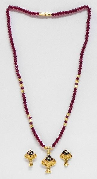 Red Crystal with Golden Bead and Gold Plated Necklace and Earrings