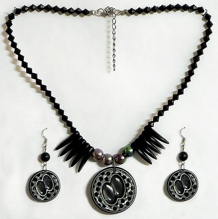 Black Crystal Bead Necklace with Acrylic Pendant and Earrings