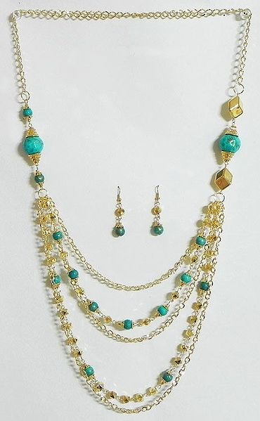 Five Layer Golden Chain with Turquoise Blue Bead Necklace and Earrings