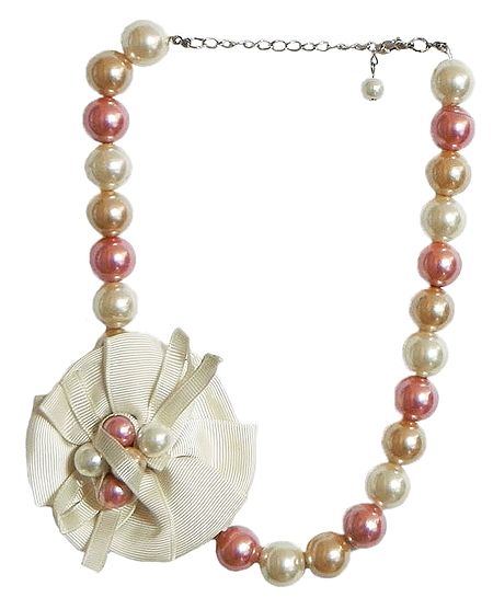 Off-White and Peach Beaded Necklace with Cloth Flower