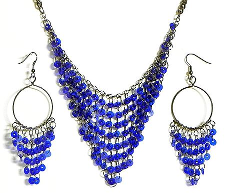 Blue Sequined Jhalar Necklace with Earrings