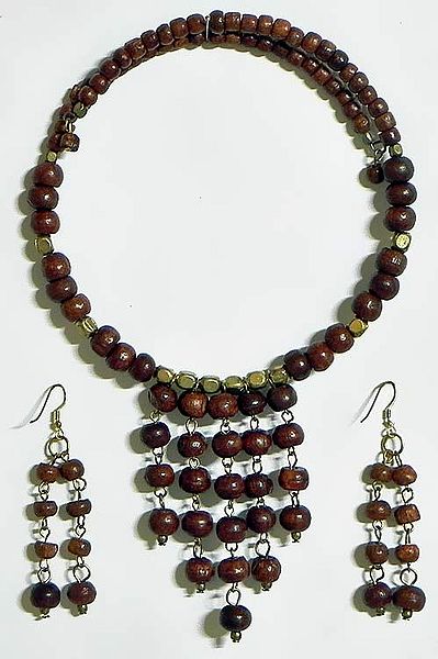 Brown Beaded Spring Necklace with Jhalar Pendant and Earrings