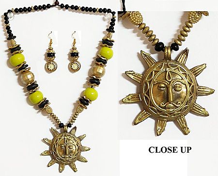 Dhokra Necklace with Sun Brass Pendant and Earrings