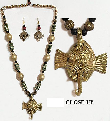Dhokra Necklace with Ganesha Brass Pendant and Earrings